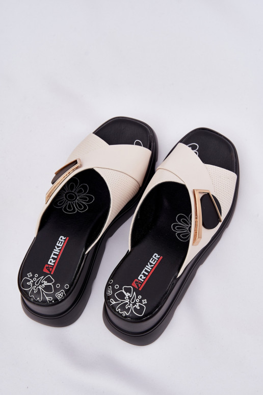 Elegant Ladies Leather Slippers On Wedge With Decoration Beige Artiker 56C1585 Elegant Ladies Leather Slippers On Wedge With Decoration Beige Artiker 56C1585