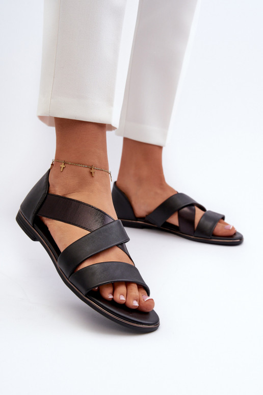 Black Leather Sandals with Drawstring Apulia