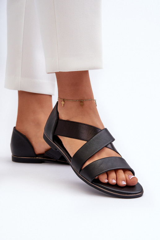 Black Leather Sandals with Drawstring Apulia