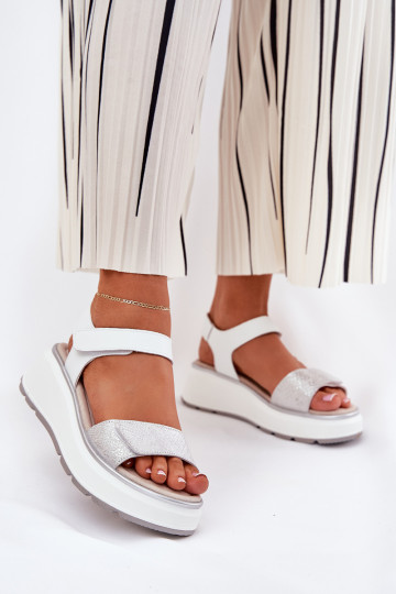 Women's Leather Sandals On Platform And Wedge With Velcro S.Barski LR51-543 Silver 2