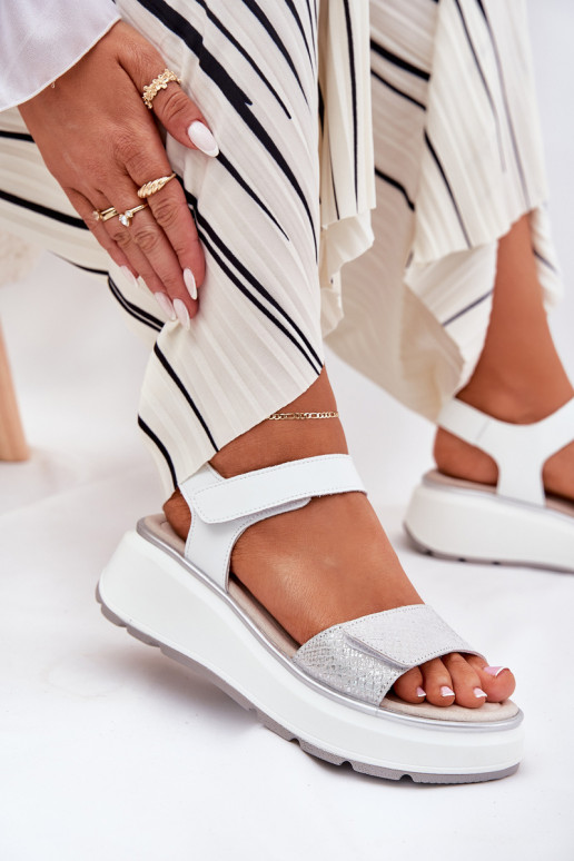 Women's Leather Sandals On Platform And Wedge With Velcro S.Barski LR51-543 Silver