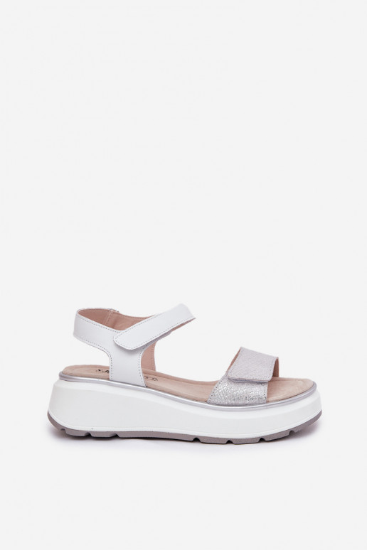 Women's Leather Sandals On Platform And Wedge With Velcro S.Barski LR51-543 Silver