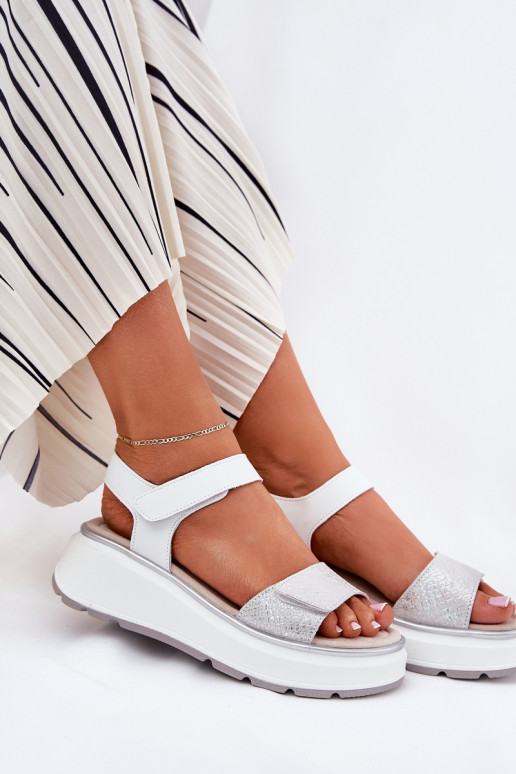 Women's Leather Sandals On Platform And Wedge With Velcro S.Barski LR51-543 Silver