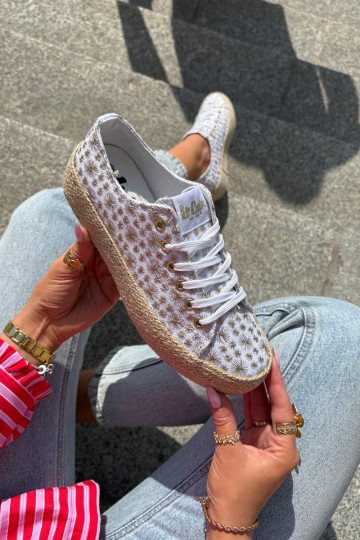 Wzorzyste Trampki Damskie Na Platformie Z Plecionką Lee Cooper LCW-25-08-3648L Biało-Złote