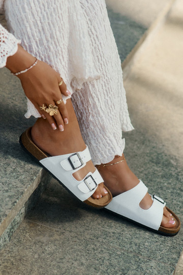 Women's Slides On Cork Platform With Buckles White Redore