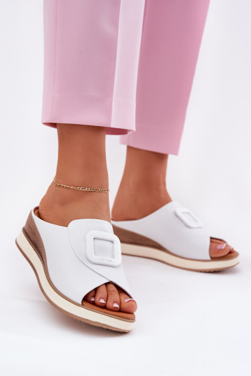 Klapki Damskie Skórzane Na Koturnie Artiker 56C2144 Białe 2