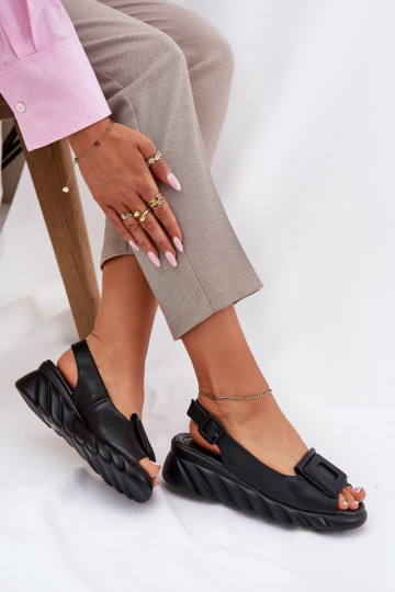 Ladies leather wedge sandals with decoration Artiker Black 56C2156