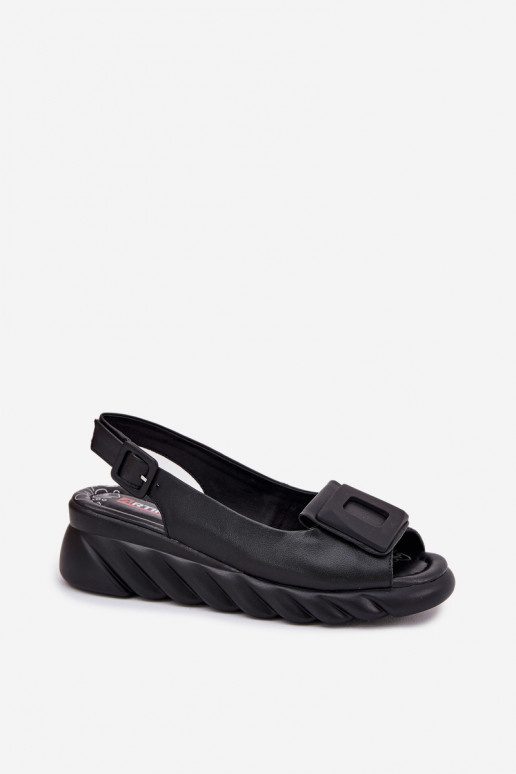 Ladies leather wedge sandals with decoration Artiker Black 56C2156