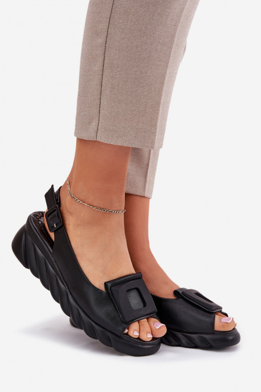Ladies leather wedge sandals with decoration Artiker Black 56C2156