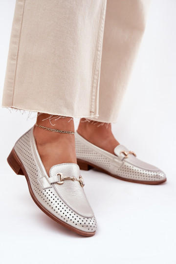 Leather Women's Moccasins With Decoration On Flat Heel S.Barski LR51-594 Silver