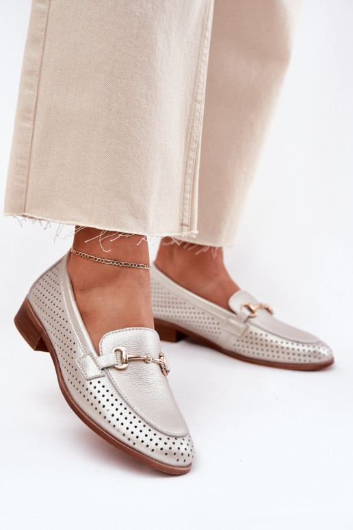 Leather Women's Moccasins With Decoration On Flat Heel S.Barski LR51-594 Silver