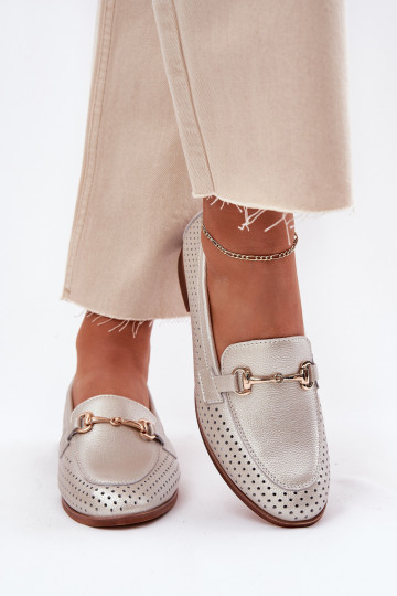 Leather Women's Moccasins With Decoration On Flat Heel S.Barski LR51-594 Silver 2