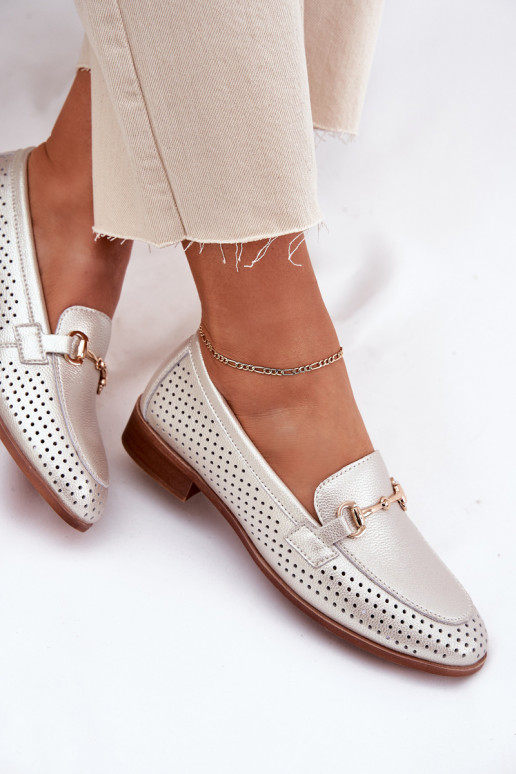 Skórzane Mokasyny Damskie Z Ozdobą Na Płaskim Obcasie S.Barski LR51-594 Srebrne