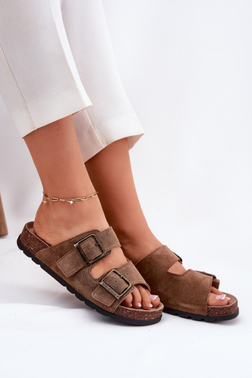 Women's Suede Slippers With Buckles Panto Fino RR267024 Brown