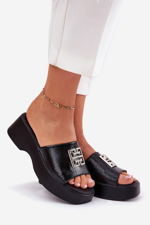 Leather Women's Slippers With Decoration Black Vinceza 79526