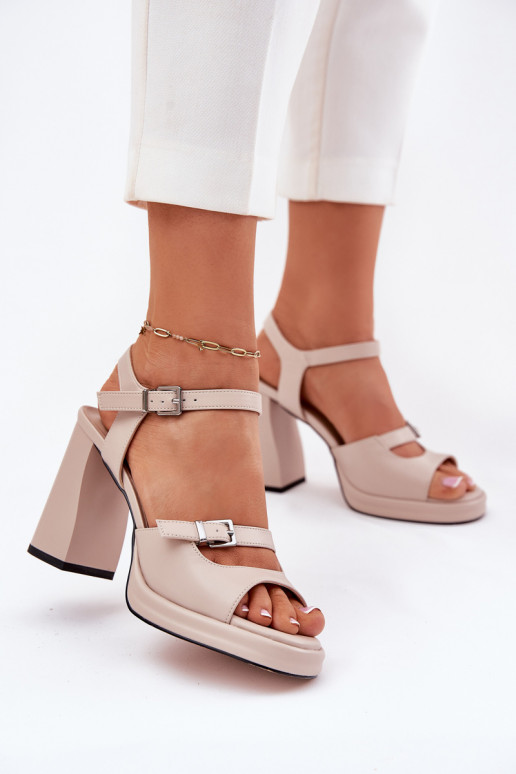 Women's Leather Heeled Sandals Vinceza 77110 Beige