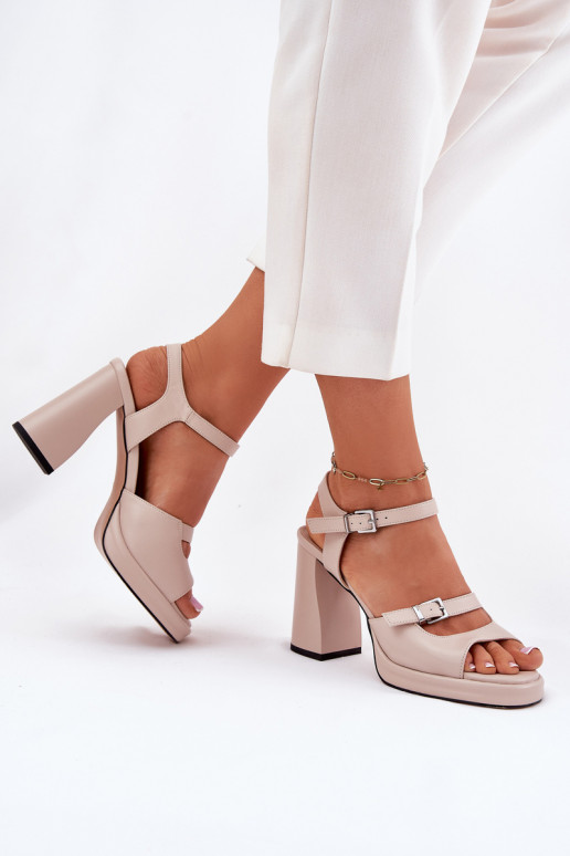 Women's Leather Heeled Sandals Vinceza 77110 Beige
