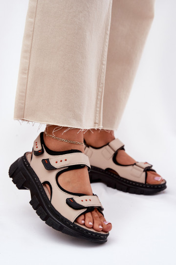 Leather Women's Sandals With Velcro Beige Artiker 56C0471