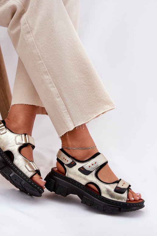 Skórzane Sandały Damskie Z Rzepami Artiker 56C0469 Złote