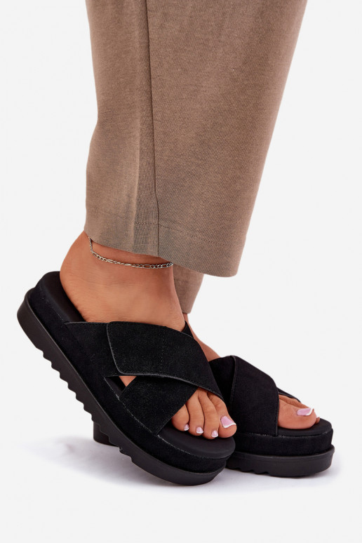 Klapki Damskie Na Platformie Z Przeplatającymi Się Paskami Czarne Rinasara