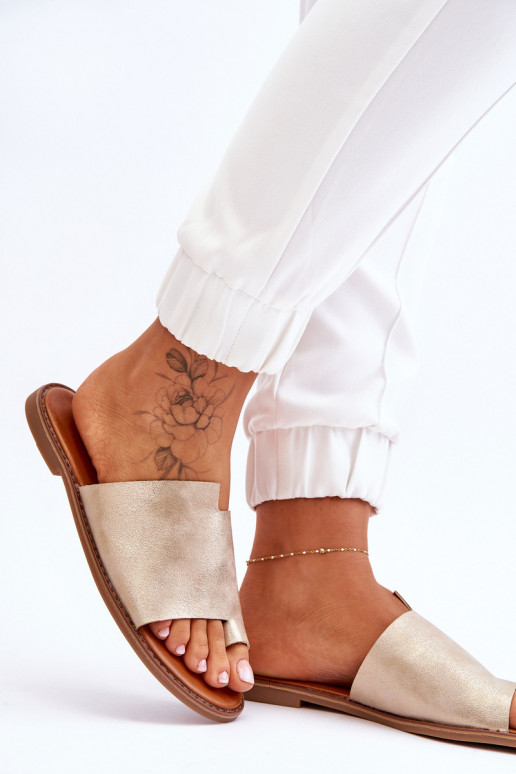 Damskie Skórzane Klapki Japonki Jasnozłote Amite