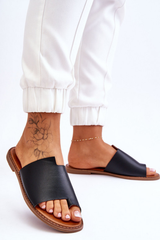 Damskie Skórzane Klapki Japonki Czarne Amite