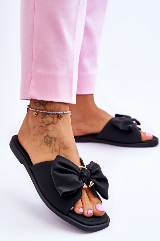 Women's Leather Slippers With Bow Black Becky