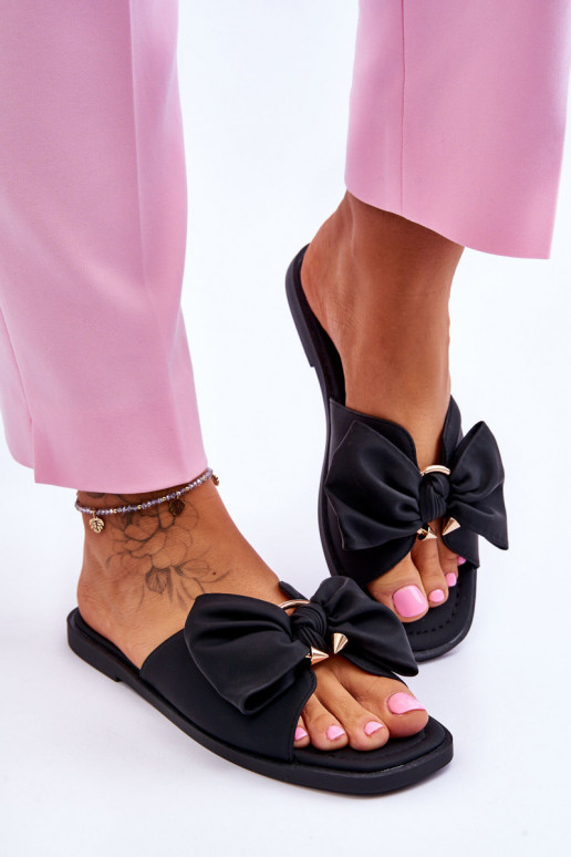 Women's Leather Slippers With Bow Black Becky