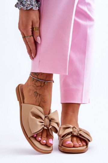 Women's Leather Slippers With Bow Beige Becky