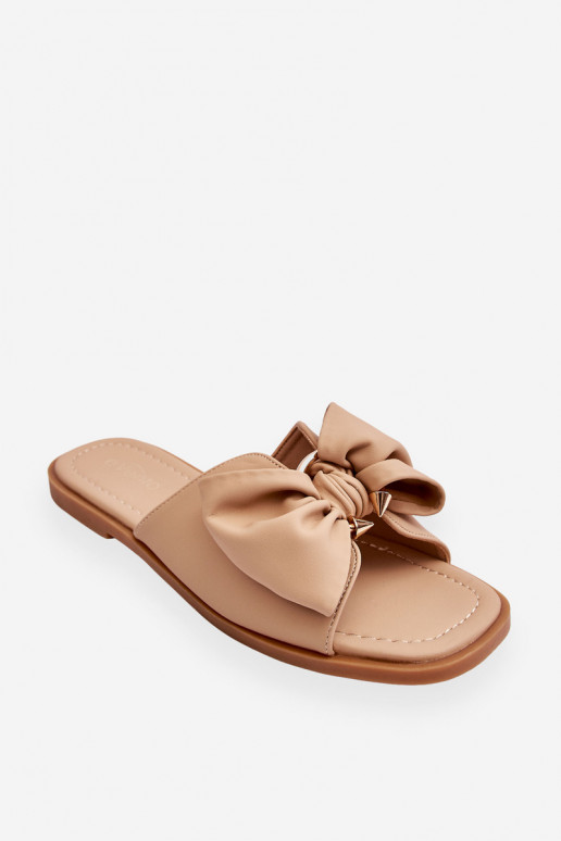 Damskie Skórzane Klapki Z Kokardą Beżowe Becky Damskie Skórzane Klapki Z Kokardą Beżowe Becky