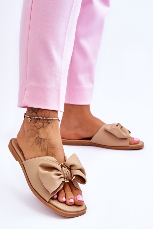 Women's Leather Slippers With Bow Beige Becky