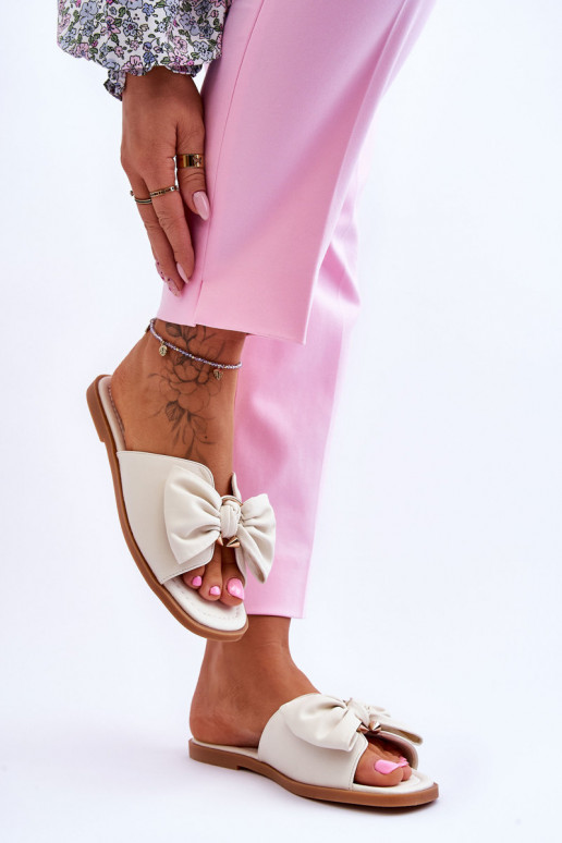 Women's Leather Slippers With Bow White Becky Women's Leather Slippers With Bow White Becky