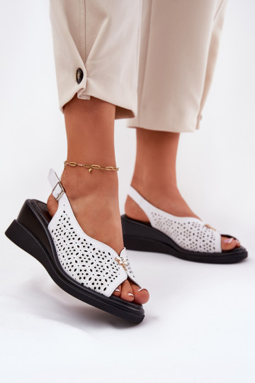 Leather Perforated Women's Sandals On Wedge Vinceza 79529 White 2