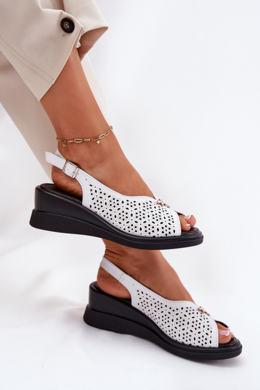 Leather Perforated Women's Sandals On Wedge Vinceza 79529 White
