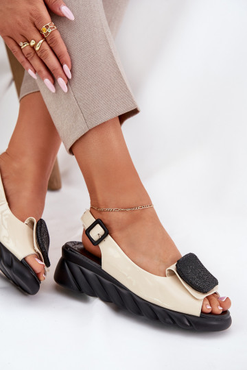 Leather Patent Ladies Wedge Sandals with Decoration Artiker Beige 56C1567
