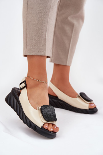 Leather Patent Ladies Wedge Sandals with Decoration Artiker Beige 56C1567 2