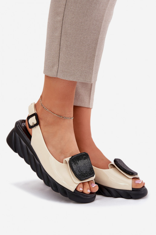Leather Patent Ladies Wedge Sandals with Decoration Artiker Beige 56C1567