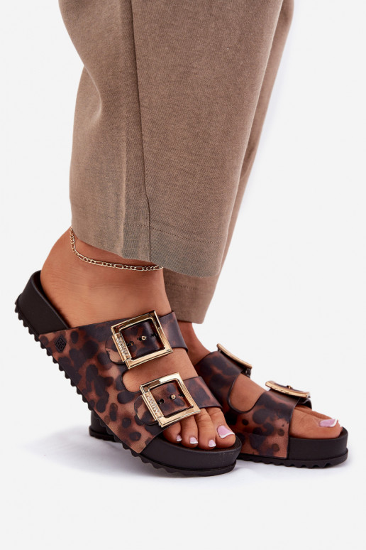 Fragrant Women's Slippers With Buckles Leopard Brown ZAXY RR285059