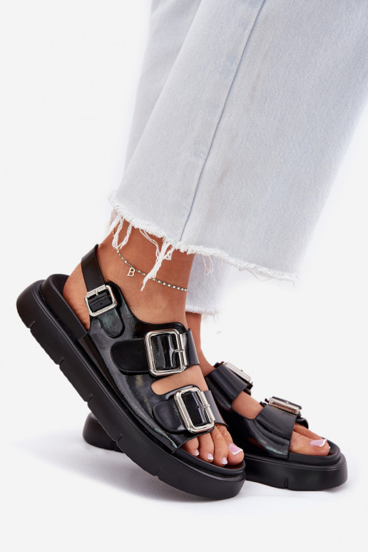 Leather Patent Women Sandals With Buckles Big Star RR274662 Black