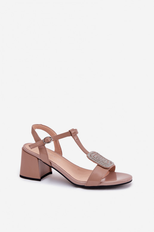 Leather Patent Women's Heeled Sandals With Decoration Vinceza 91134 Beige