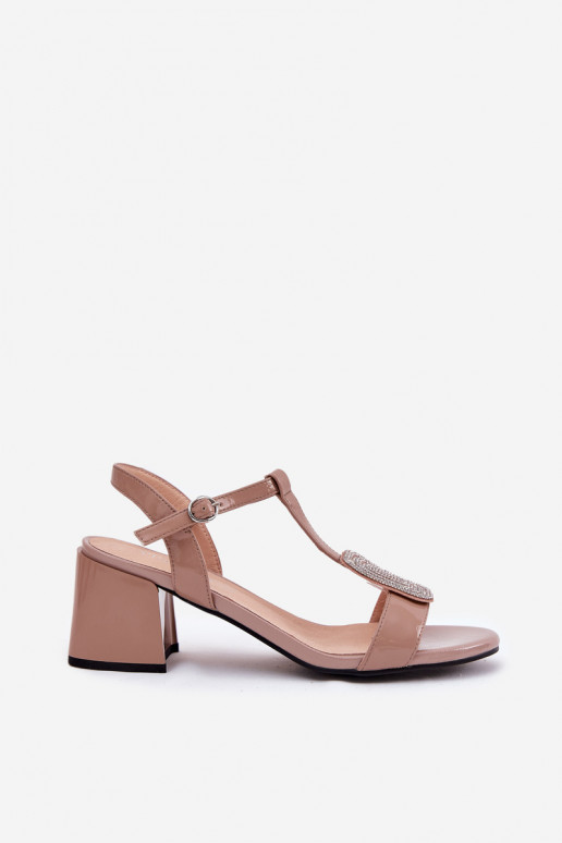 Leather Patent Women's Heeled Sandals With Decoration Vinceza 91134 Beige