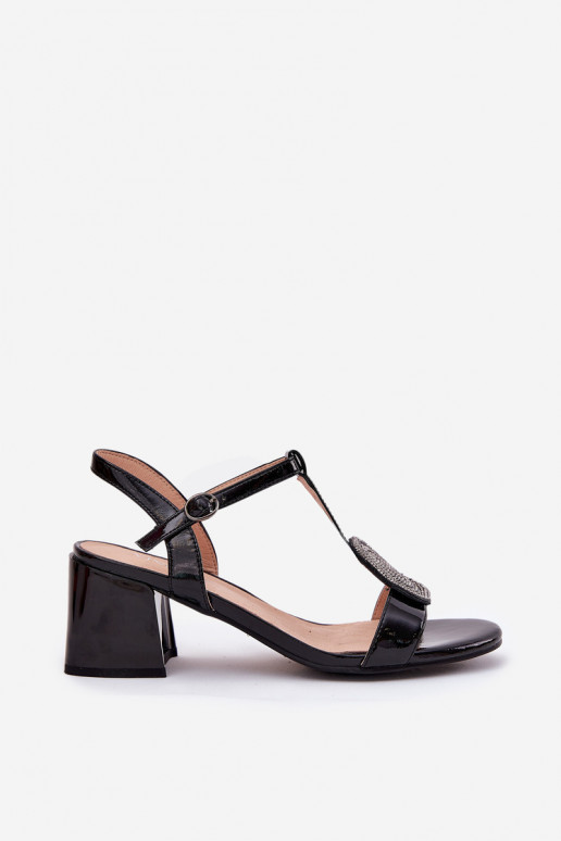 Leather Patent Women's Heeled Sandals With Decoration Vinceza 91134 Black