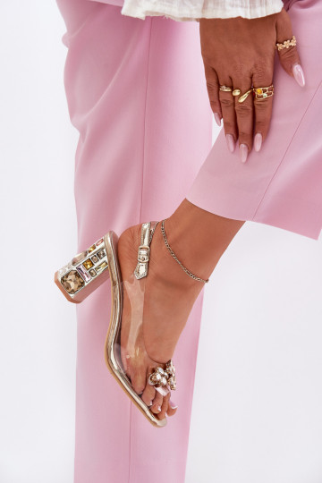 Transparent Heeled Sandals with Crystals Vinceza 70110 Gold