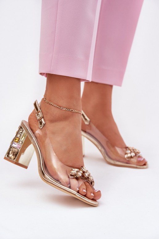 Transparent Heeled Sandals with Crystals Vinceza 70110 Gold
