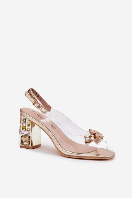 Transparent Heeled Sandals with Crystals Vinceza 70110 Gold