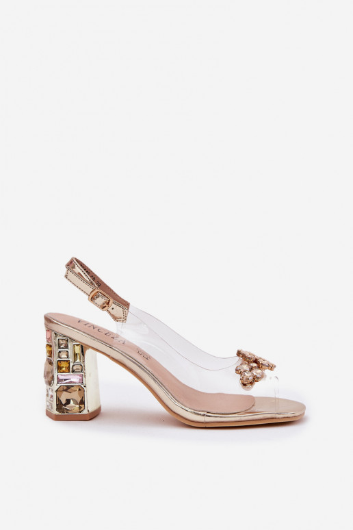 Transparent Heeled Sandals with Crystals Vinceza 70110 Gold