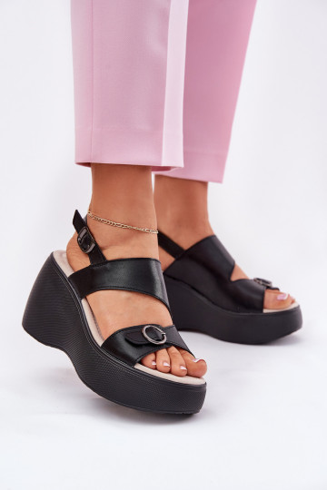 Leather Womens Sandals On Wedge And Platform S.Barski LR51-540 Black