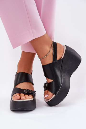Leather Womens Sandals On Wedge And Platform S.Barski LR51-540 Black 2
