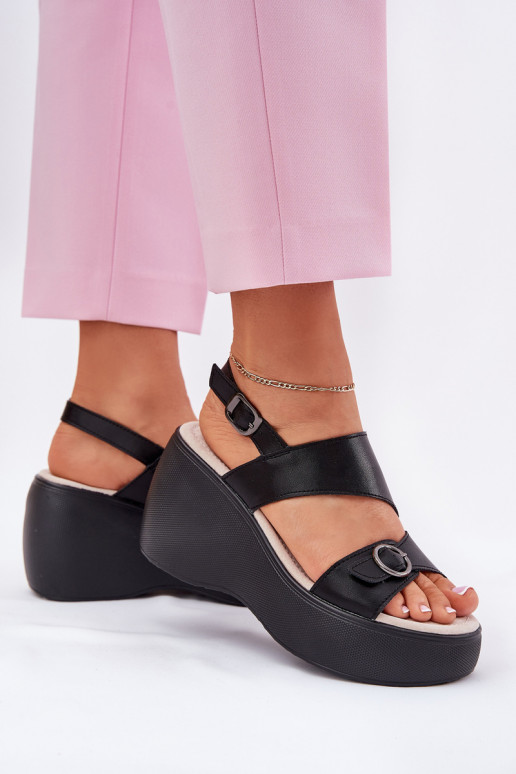 Leather Womens Sandals On Wedge And Platform S.Barski LR51-540 Black