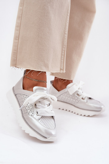Women's Leather Sneakers On A Platform D&A LR51-796 Silver